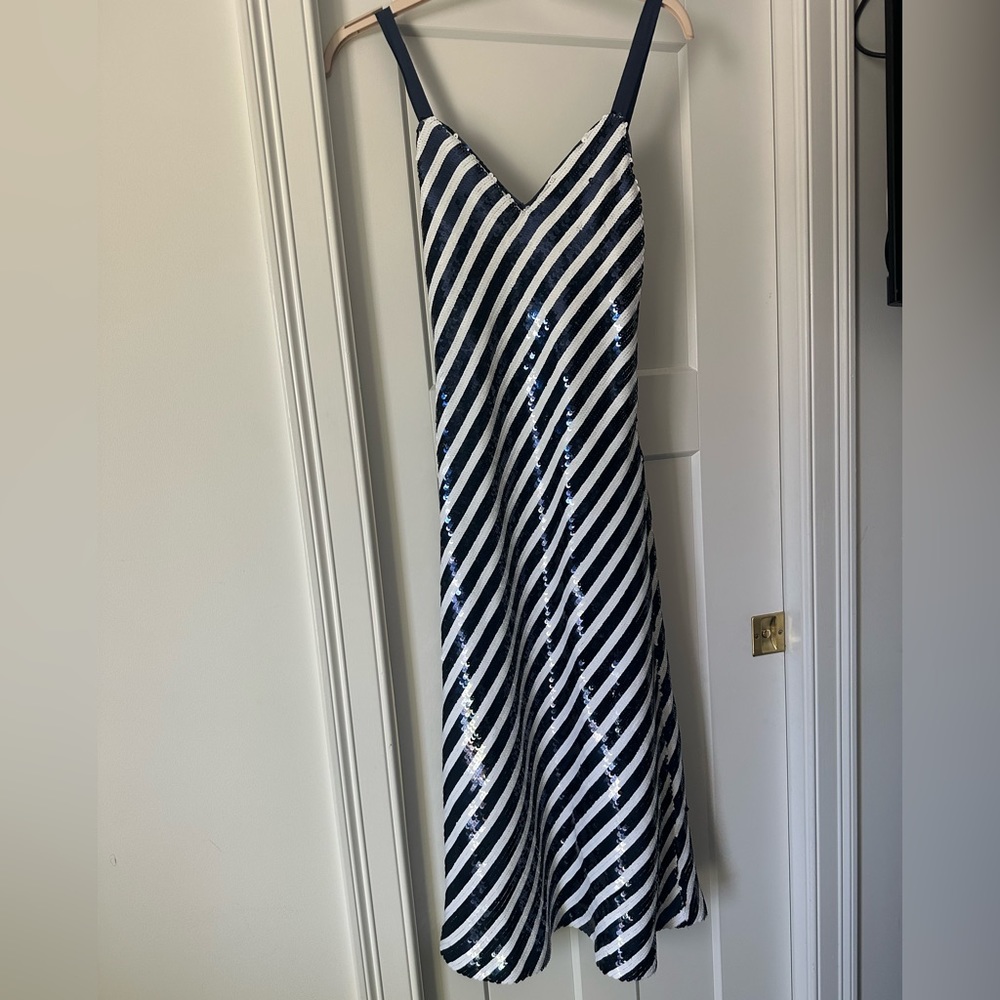 J Crew Collection Sequin Navy and White stripe Dress